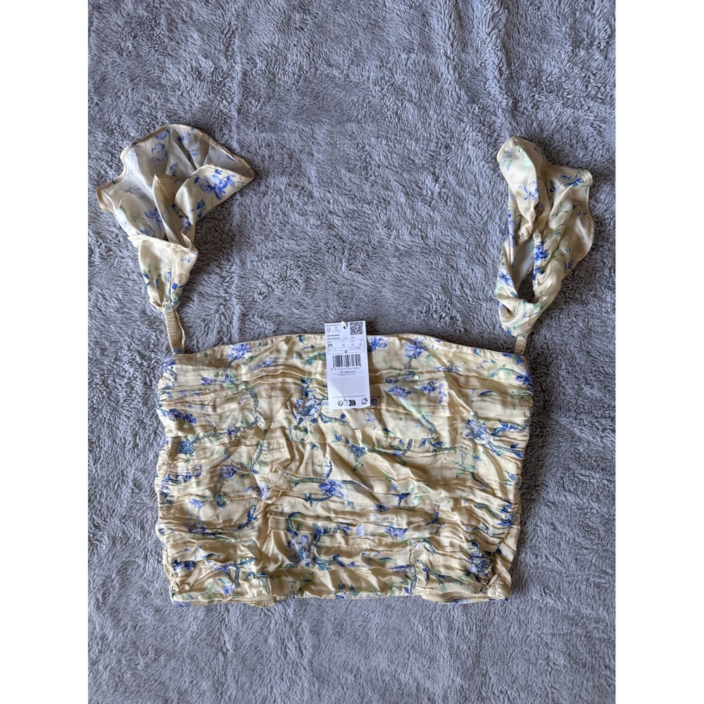 Mango Floral Ruched Crop Top Yellow Blue Beaded Sequin Ruffle Feminine  M
